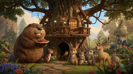 A high-resolution, professionally photographed image, reminiscent of Pixar's animated characters, depicts a beaver building a
