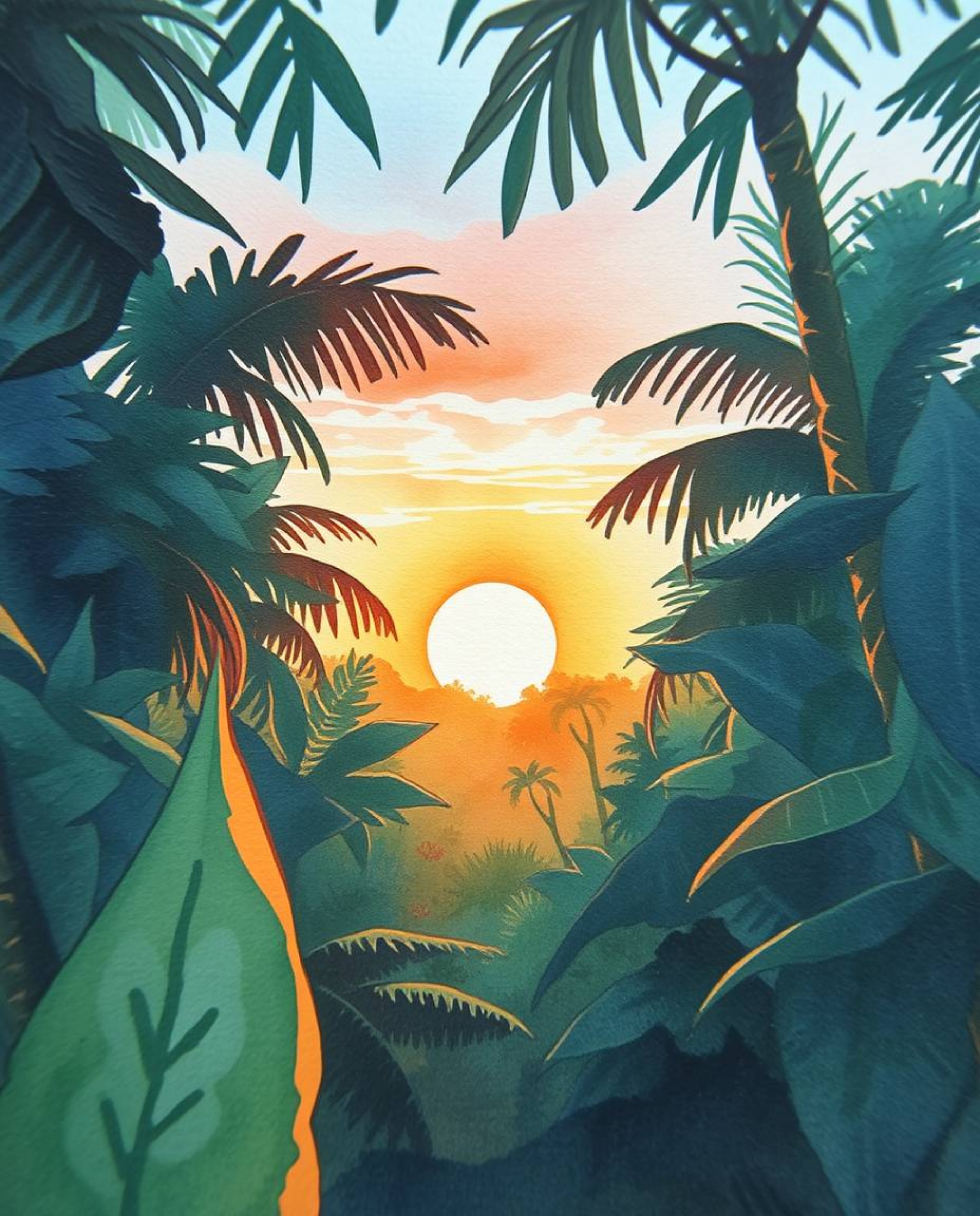 A delicate watercolor painting showcasing an extreme macro close-up of a sunset as viewed through a dense jungle canopy. This