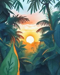 A delicate watercolor painting showcasing an extreme macro close-up of a sunset as viewed through a dense jungle canopy. This