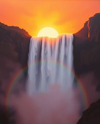 An oil painting depicting a warm sunset behind a dramatic waterfall, masterfully rendered with volumetric lighting. Beams of 