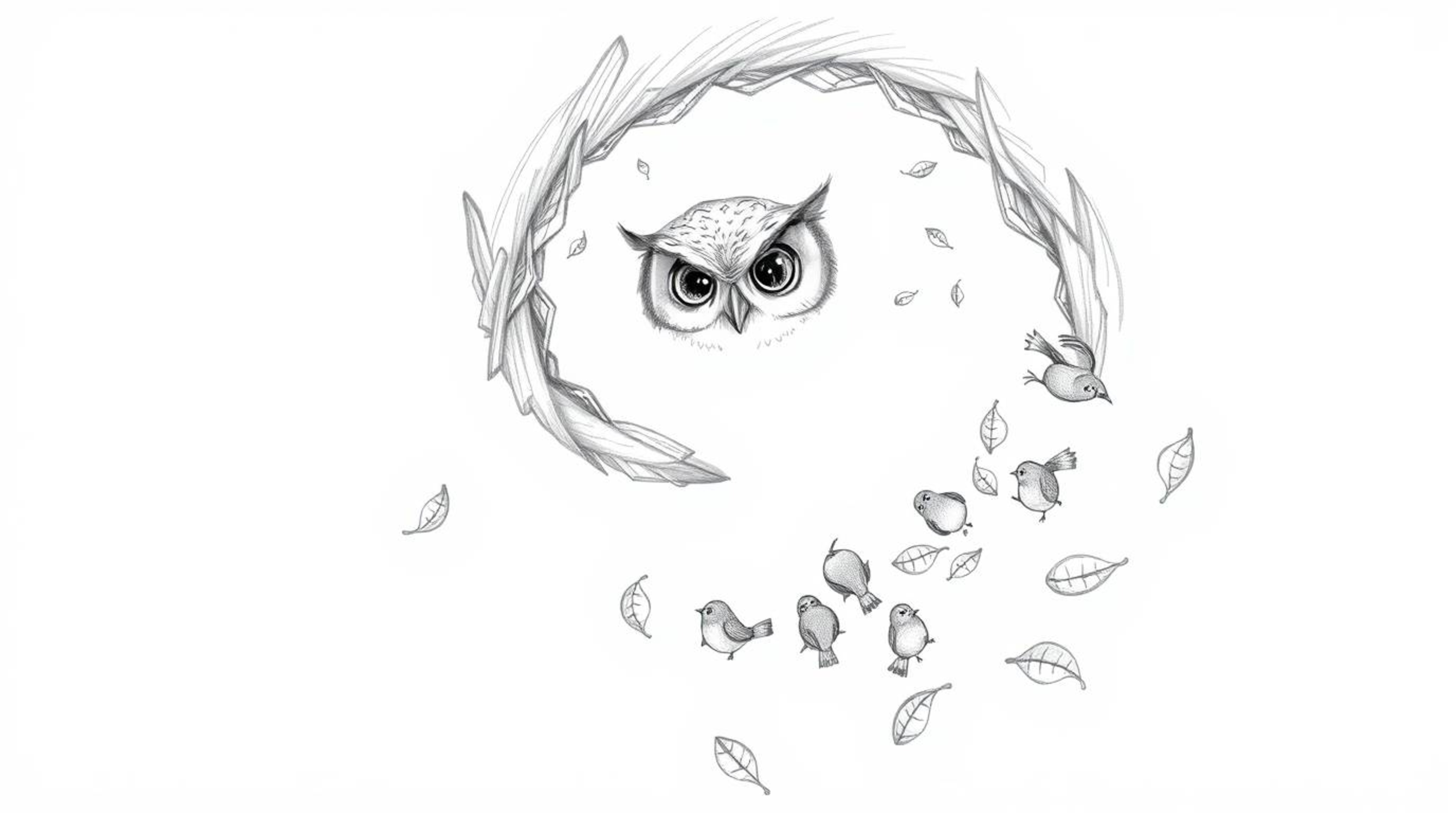 A heart-warming, Pixar-style hand-drawn sketch depicts a blind owl with textured pencil strokes on its feathers.  The serene 