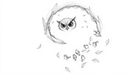 A heart-warming, Pixar-style hand-drawn sketch depicts a blind owl with textured pencil strokes on its feathers.  The serene 