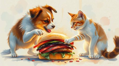 A vibrant and dynamic watercolor painting depicting a dog and cat locked in a comedic struggle over an enormous sandwich. The