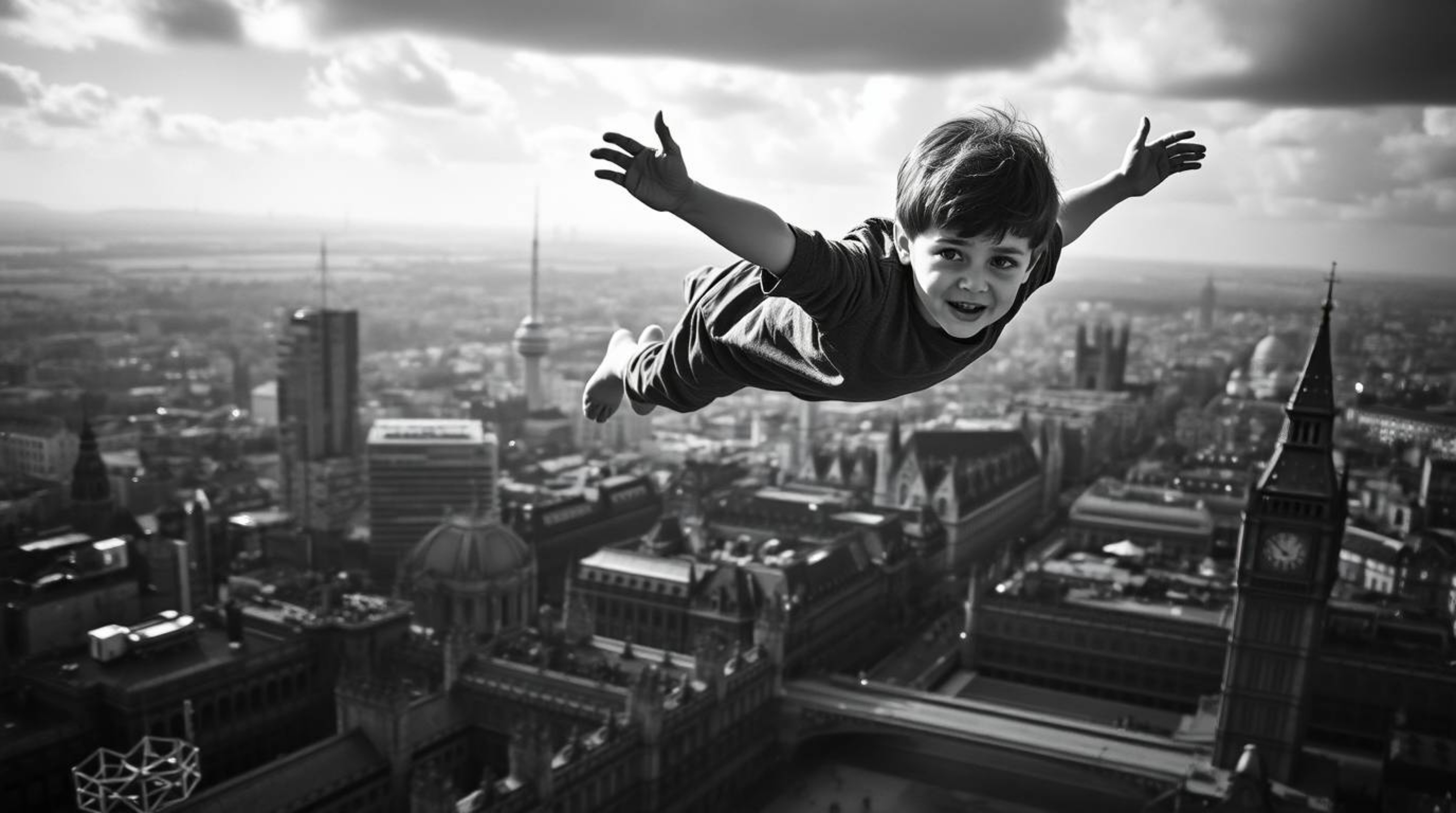 A classic black and white scene showcases a young boy with light skin soaring above London, propelled by pixie dust. The dram