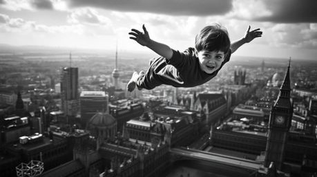 A classic black and white scene showcases a young boy with light skin soaring above London, propelled by pixie dust. The dram