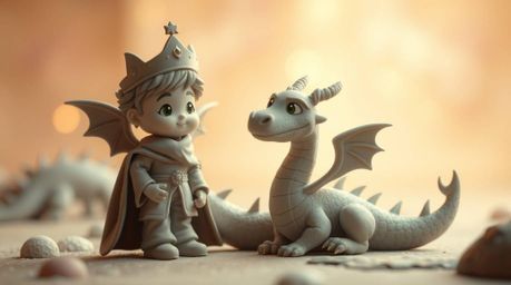 A captivating clay sculpture featuring a charming prince and a formidable dragon, rendered in a soft, dreamy atmosphere remin