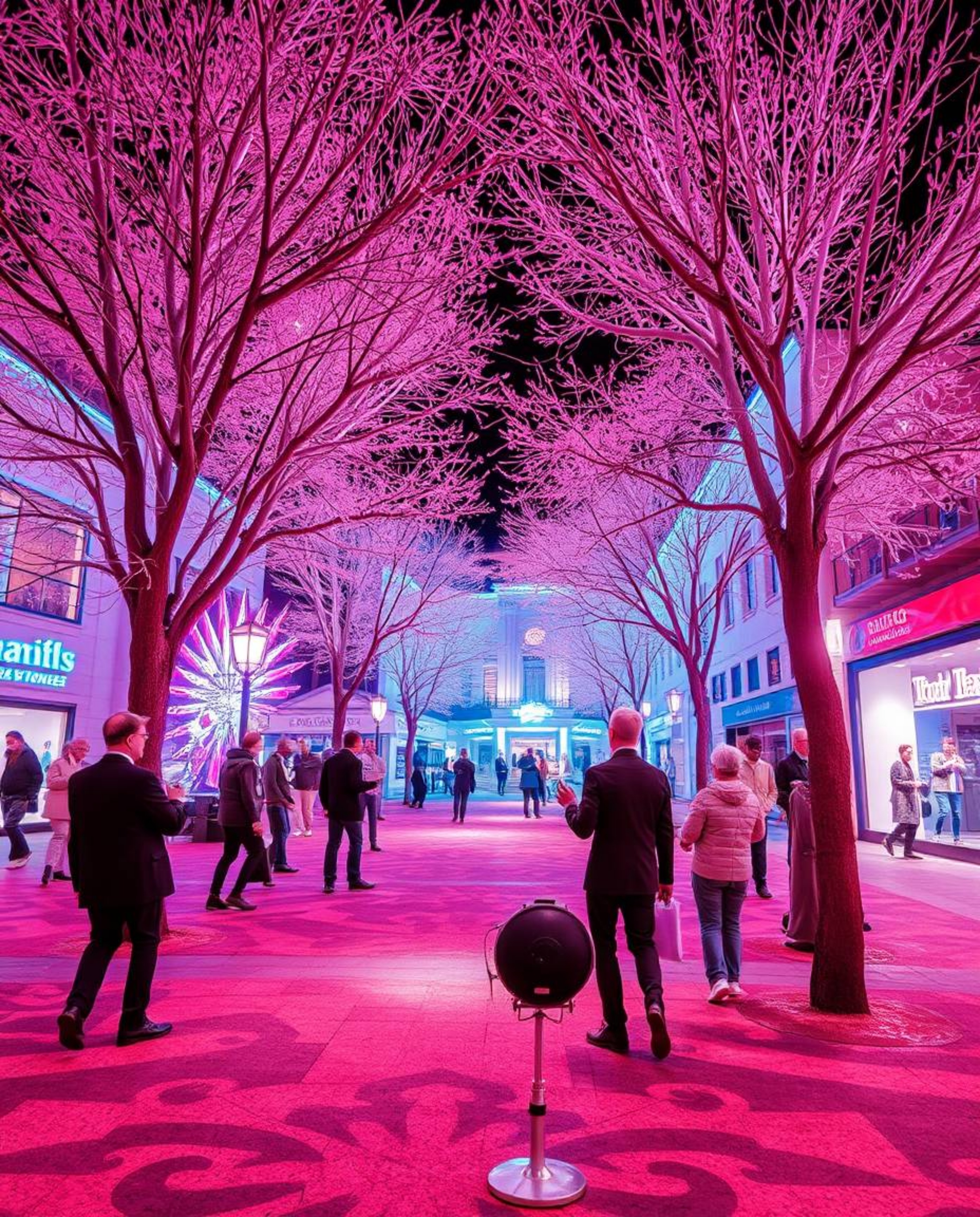 Explore a surreal infrared vision of a musical performance unfolding in a lively town square. This image captures artistic li