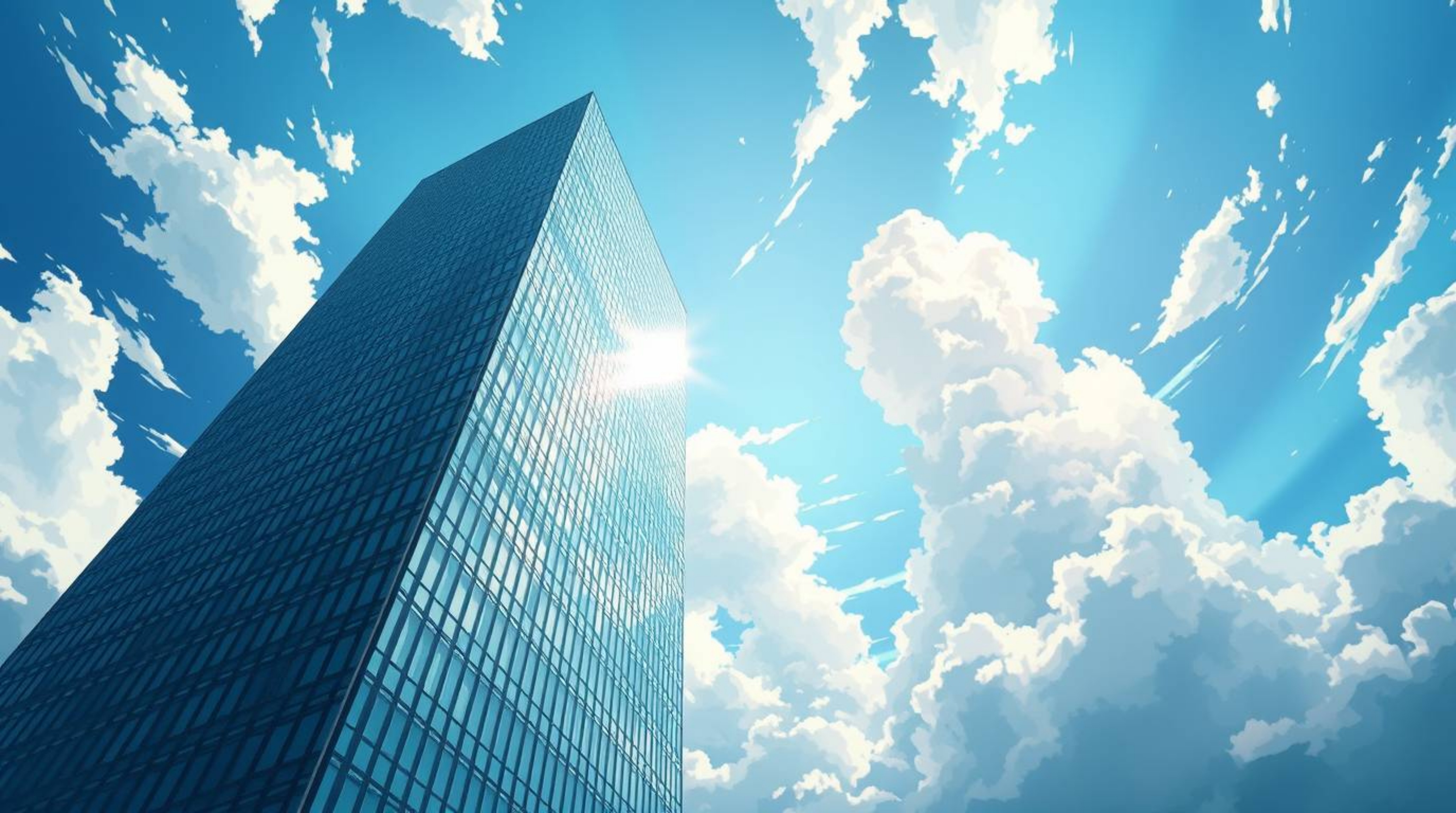 A strong hard light Isekai anime style visual depicts a modern glass building dissolving into a sky filled with soft clouds. 