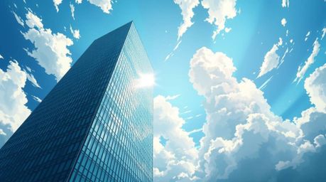 A strong hard light Isekai anime style visual depicts a modern glass building dissolving into a sky filled with soft clouds. 