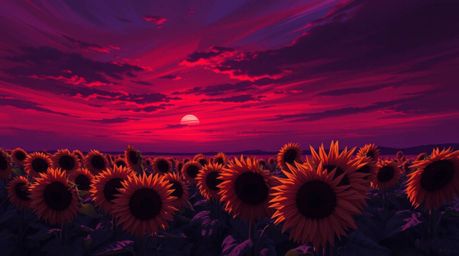 Explore a captivating digital painting depicting a vibrant sunflower field bathed under a dramatic red and purple sky. This a