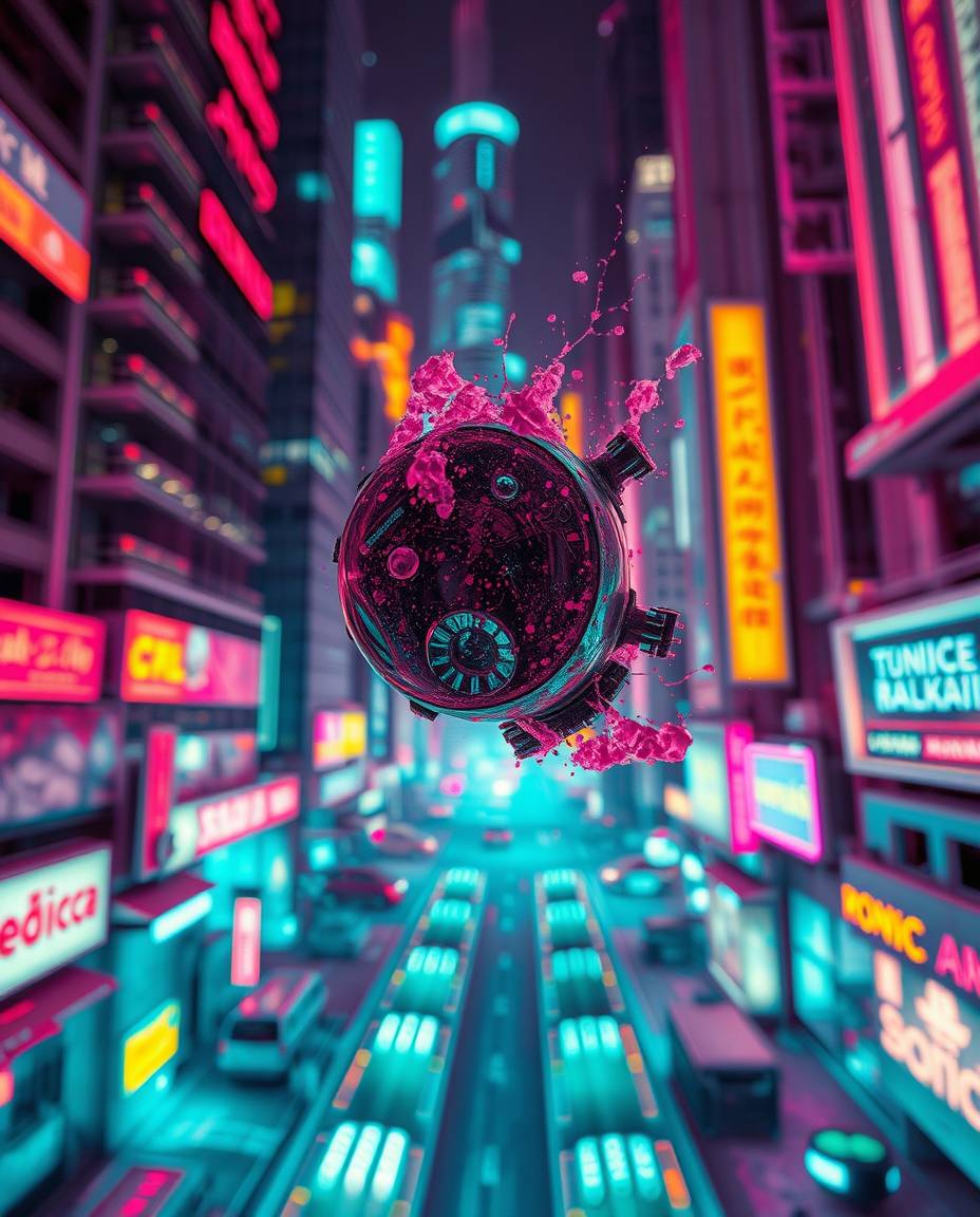 A mesmerizing extreme macro close-up reveals intricate details within a futuristic cyberpunk cityscape. Rendered in a surreal