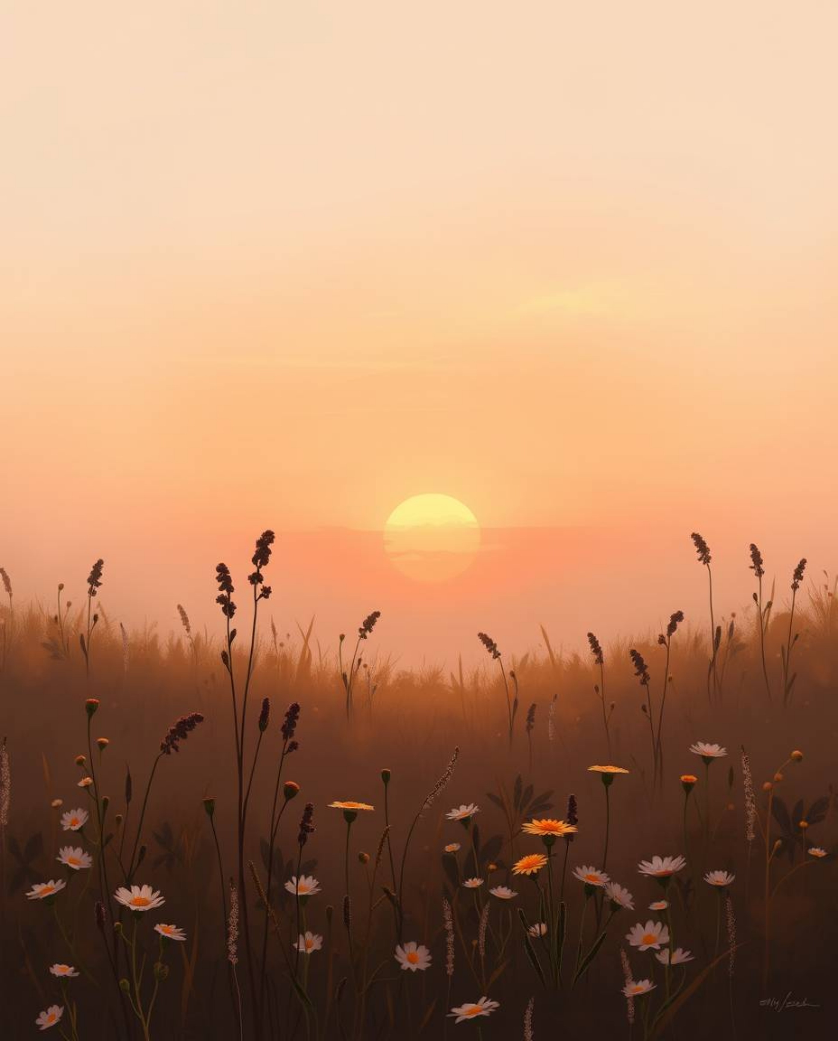 A realistic digital painting capturing a serene sunset over a spring wildflower meadow. The artwork is rendered in a beautifu