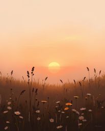 A realistic digital painting capturing a serene sunset over a spring wildflower meadow. The artwork is rendered in a beautifu