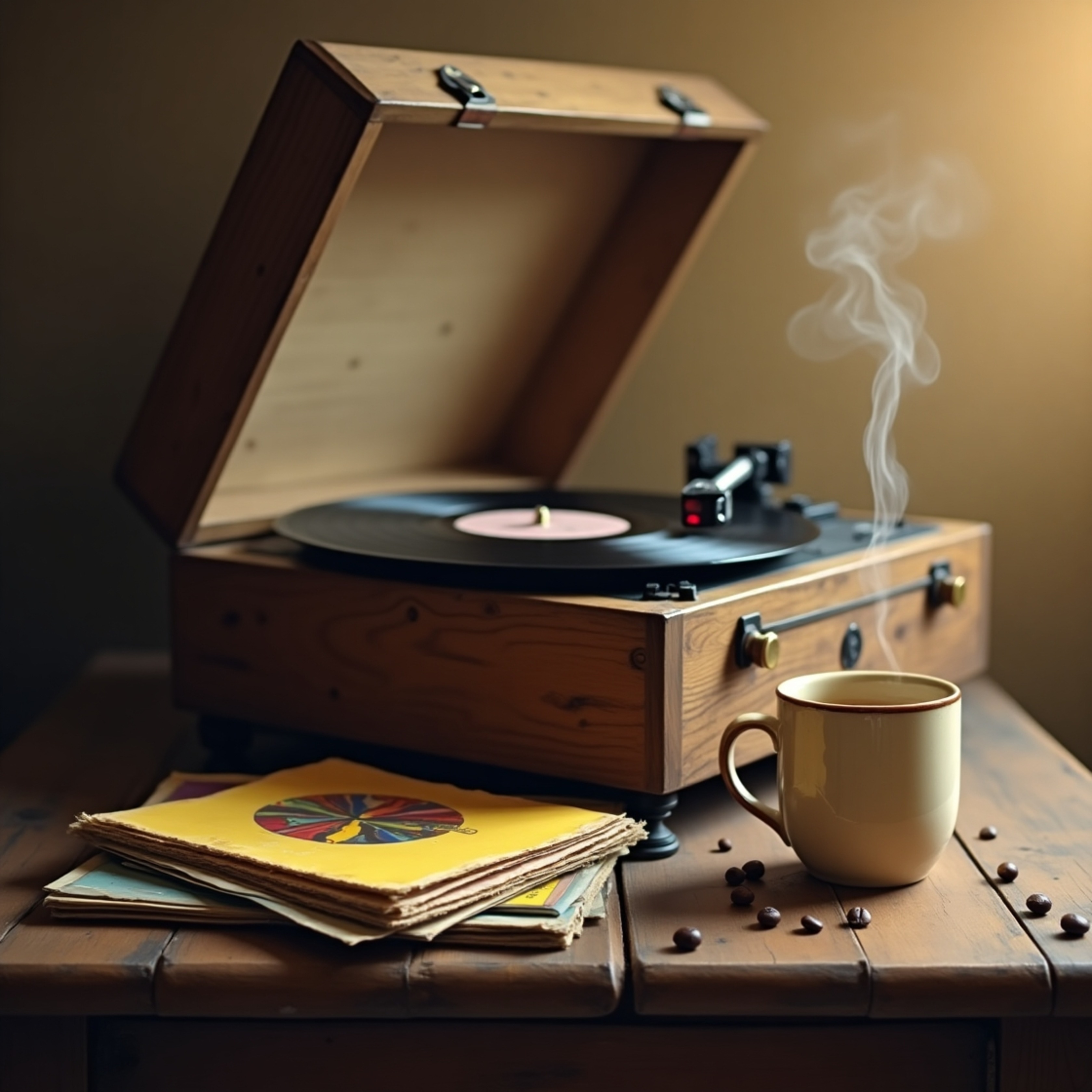 A captivating scene featuring a worn, wooden record player amidst a stack of vintage vinyl records, their faded album art whi