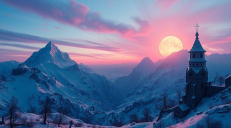 Experience a surreal and dreamlike landscape featuring snow-covered mountains bathed in the warm glow of a pastel sunset.  Th
