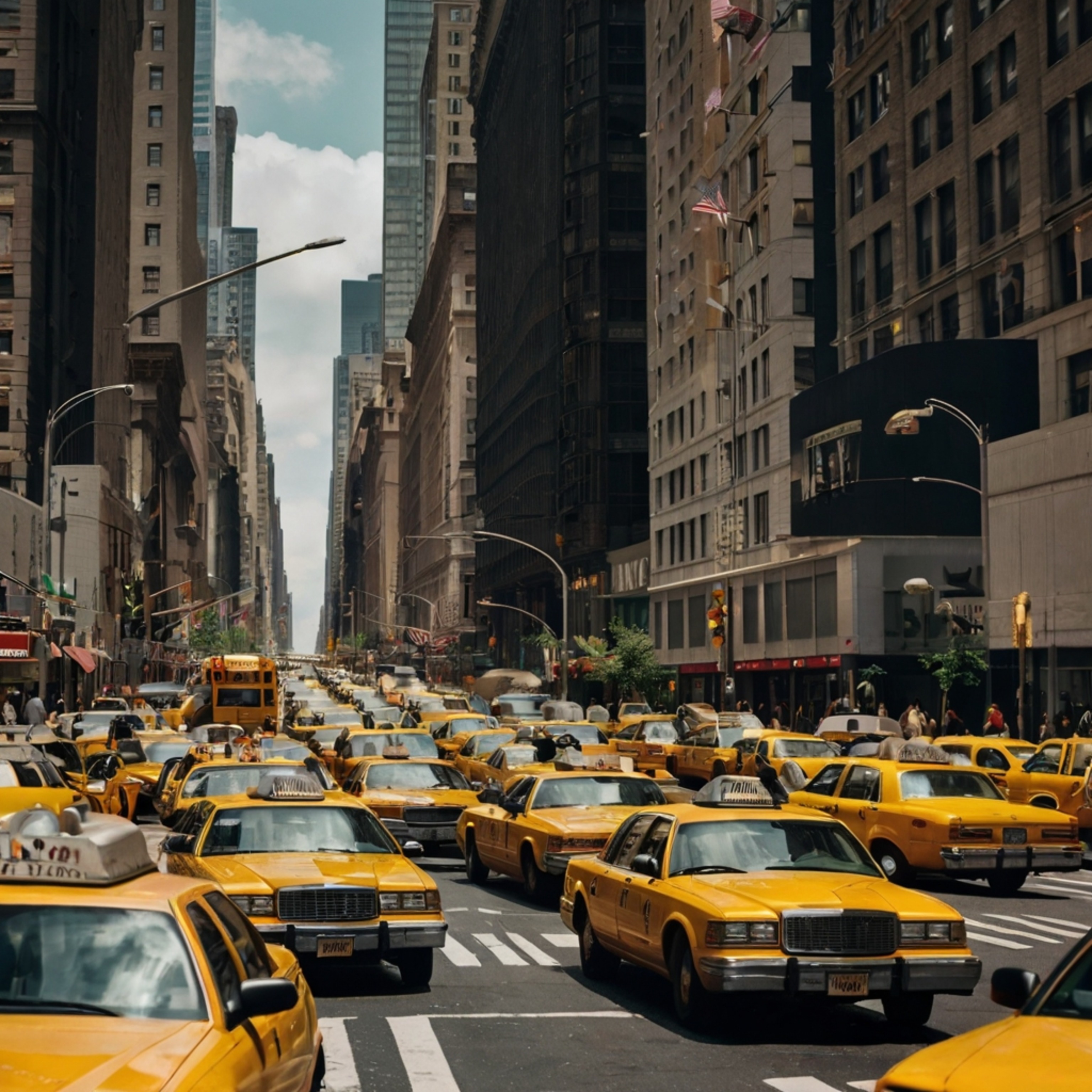 Experience the vibrant energy of a bustling New York City street. Picture yellow taxis weaving through traffic, crowded sidew
