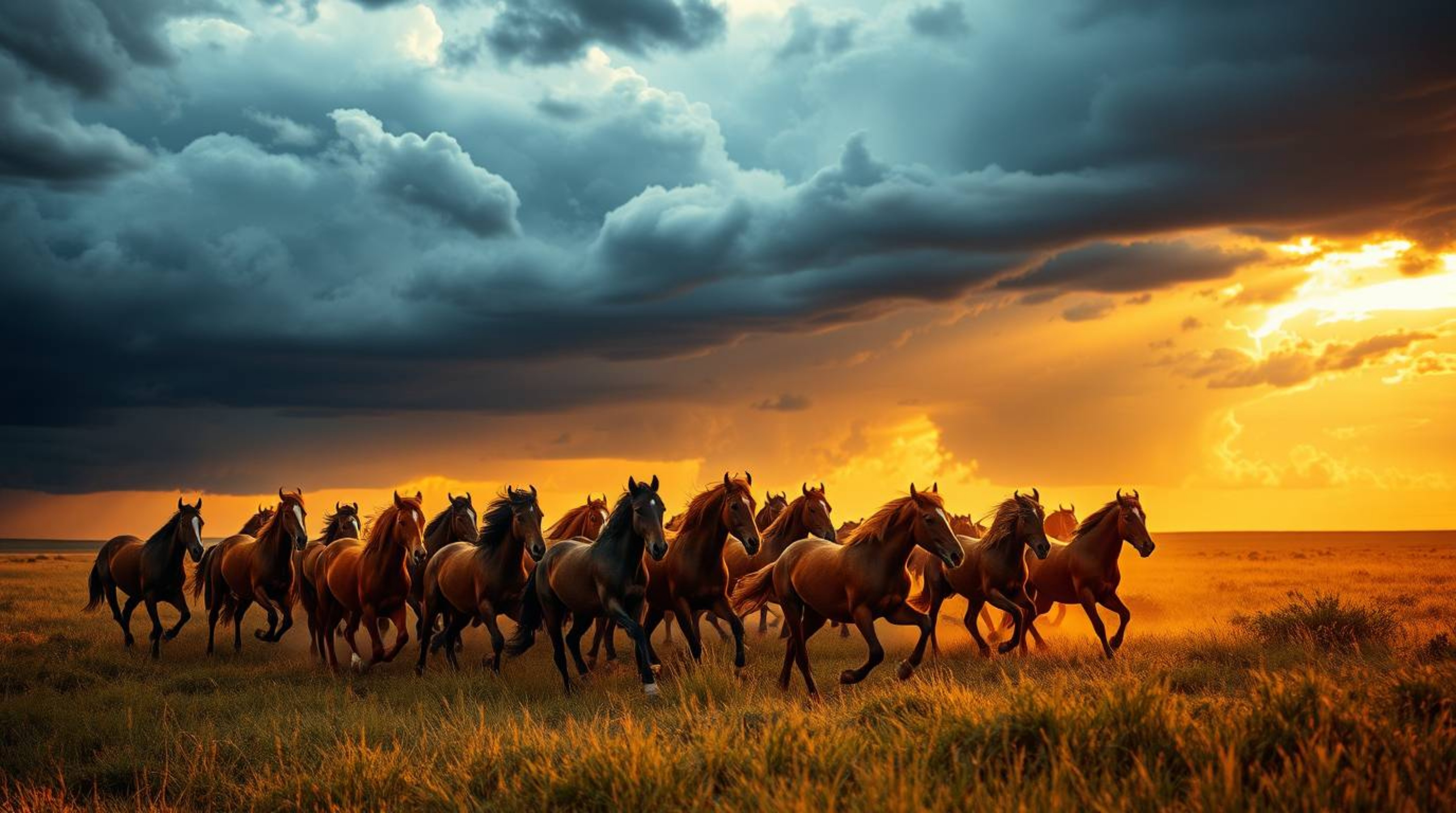 A breathtaking scene of a wild horse herd thundering across a field under a vibrant, stormy sky.  The intense weather creates