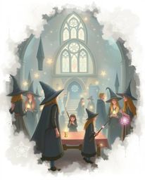 Discover a magical school brimming with young wizards, radiating an ethereal and spiritual aura.  This enchanting setting, de
