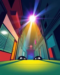 Explore the captivating world of modern flat design with vibrant colors and simple shapes in a two-dimensional night alley se
