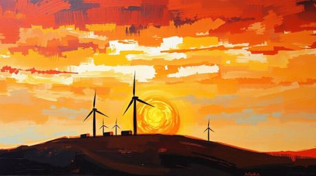 This classic oil painting captures a breathtaking scene of a warm sunset casting its golden glow behind a row of wind turbine