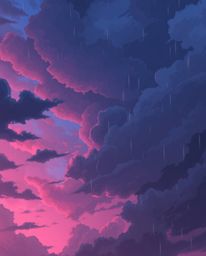 Experience the captivating visuals of an Isekai anime featuring a dramatic, stormy sky painted in a soft gradient of pink, bl