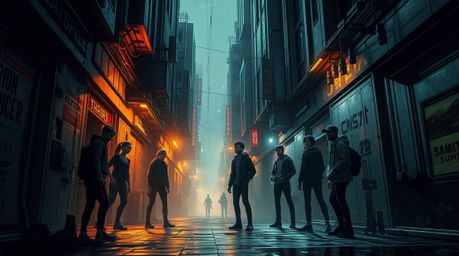 A captivating 16:9 image showcasing rebellious teens in a grungy city alley, bathed in high-contrast, low-key futuristic sci-