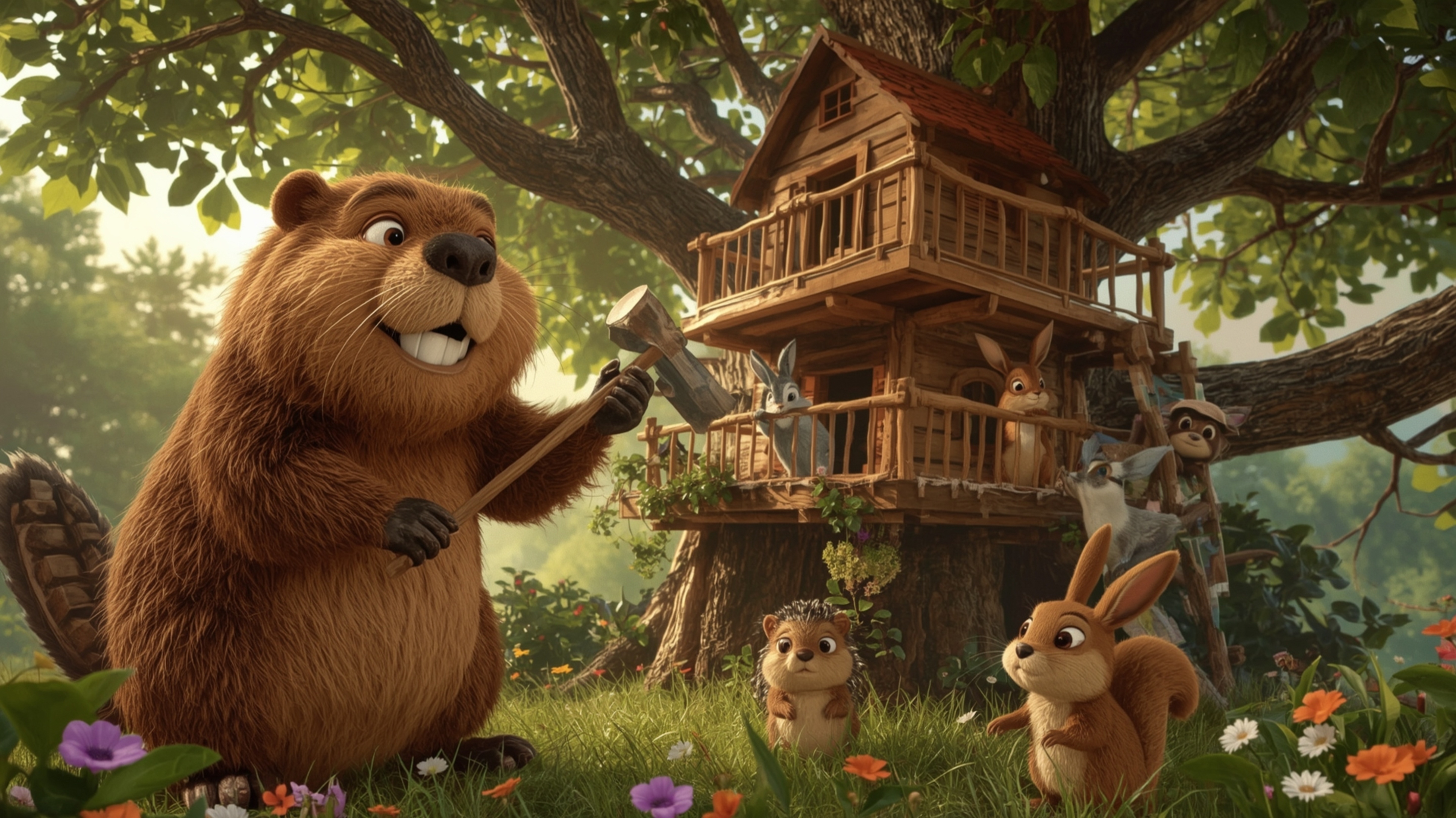 A highly detailed, high-resolution stock photo capturing an anthropomorphized beaver with a kind face and warm brown fur, dil