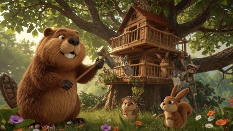 A highly detailed, high-resolution stock photo capturing an anthropomorphized beaver with a kind face and warm brown fur, dil