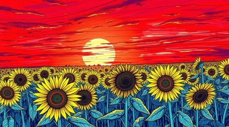 This artwork captures a vibrant sunflower field under a dramatic deep red and purple sky, rendered in a lively, hand-drawn sk