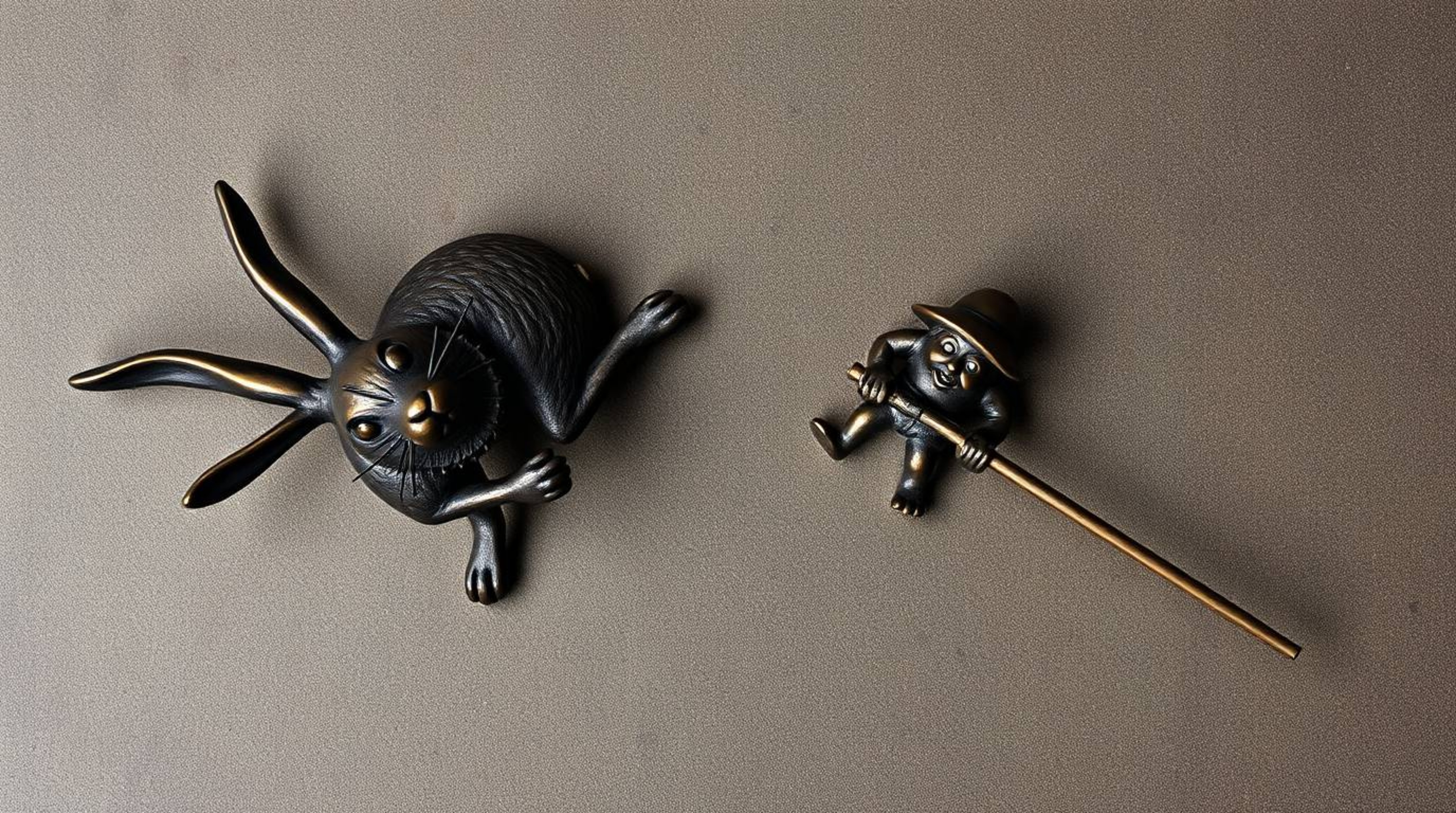 A bronze sculpture depicting a top-down view of a wacky rabbit outrunning a hunter in a slapstick chase. The textured surface