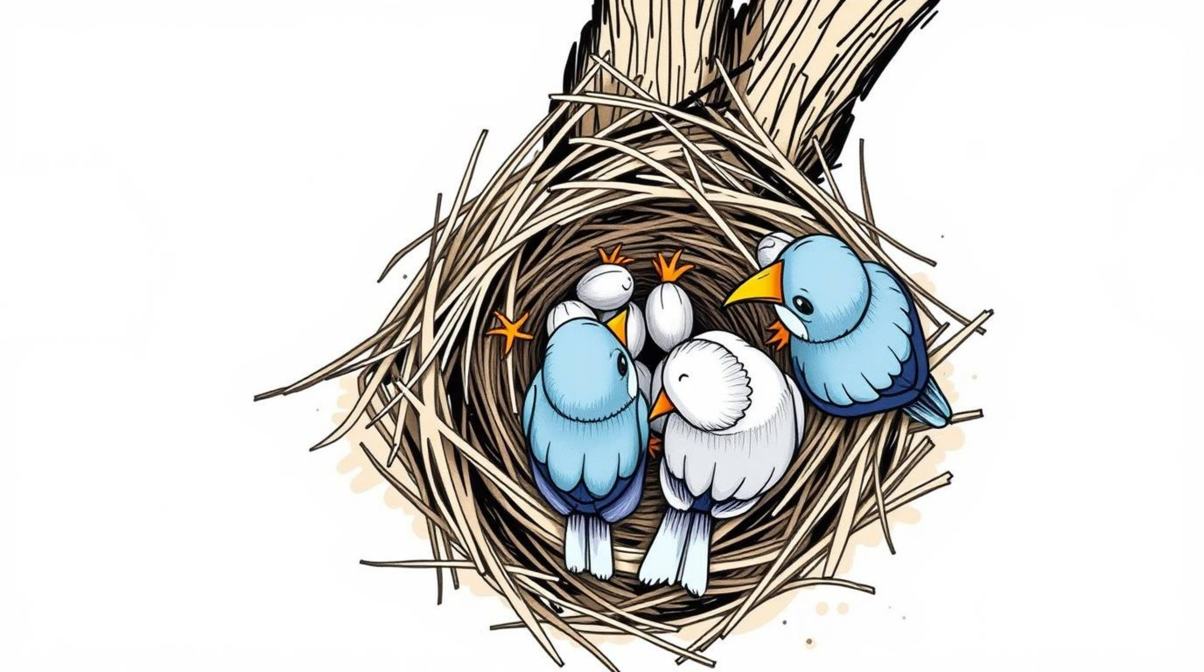 A charming hand-drawn sketch depicting two cartoon birds constructing a nest, viewed from a captivating overhead perspective.