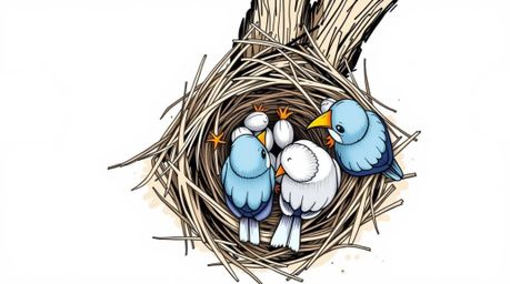 A charming hand-drawn sketch depicting two cartoon birds constructing a nest, viewed from a captivating overhead perspective.