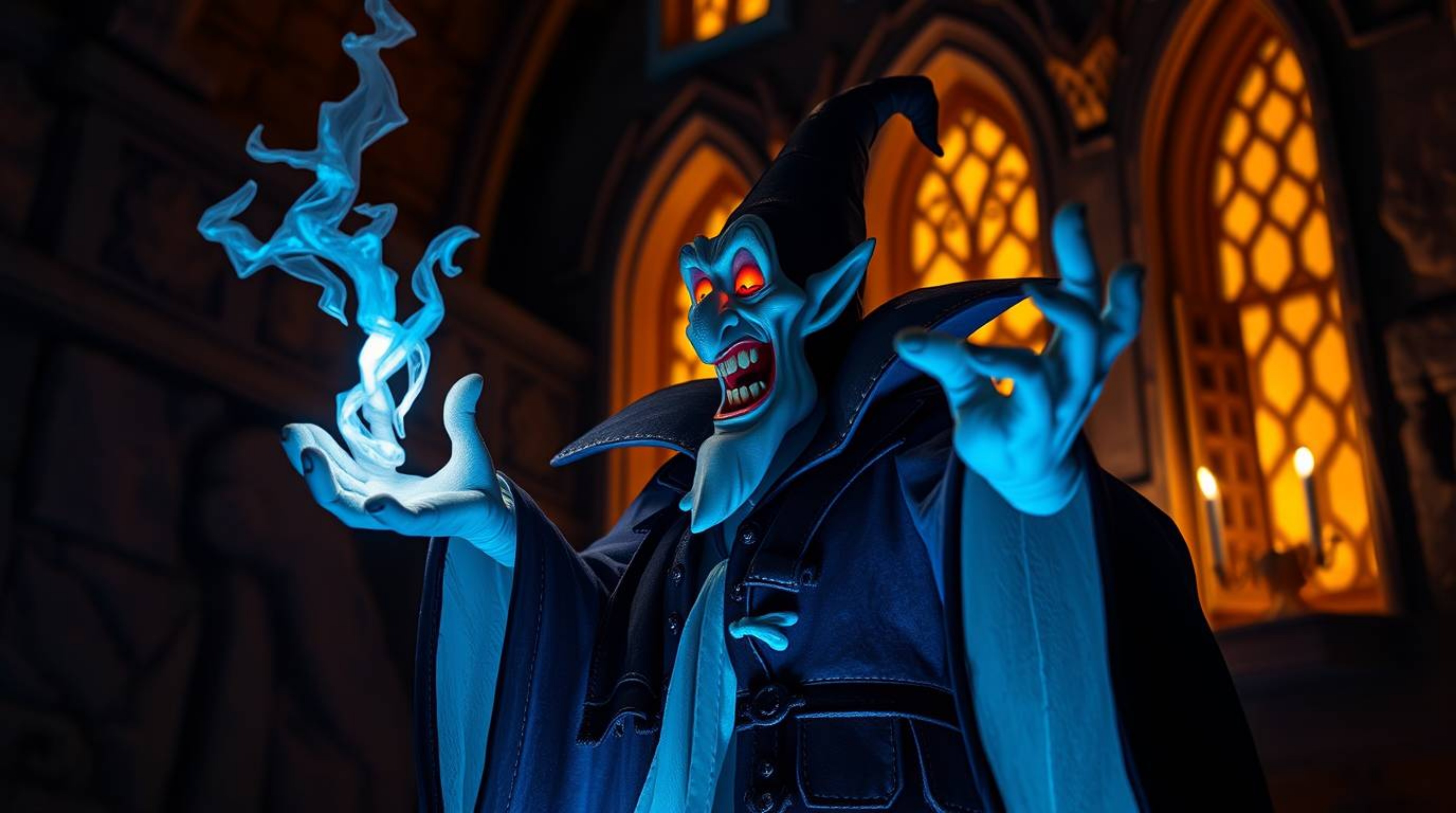A captivating digital artwork depicts a classic Disney villain casting a spell within an ancient castle.  The scene is brough