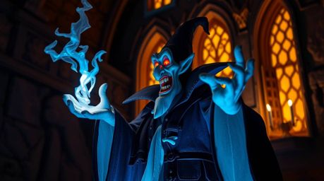 A captivating digital artwork depicts a classic Disney villain casting a spell within an ancient castle. The scene is brough