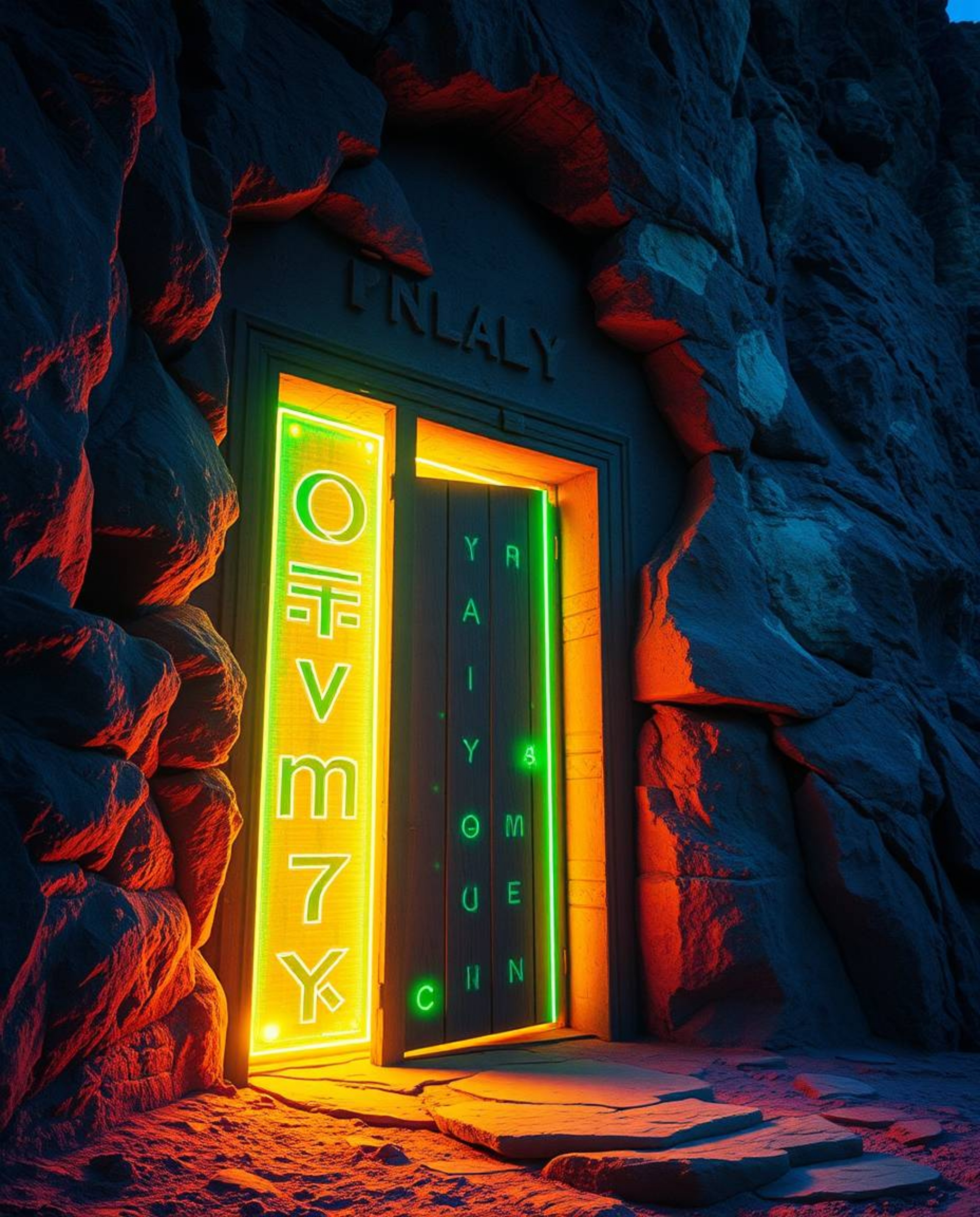 An ancient doorway carved into a mountainside glows with radiant runes, illuminated by bioluminescent colors. This image capt