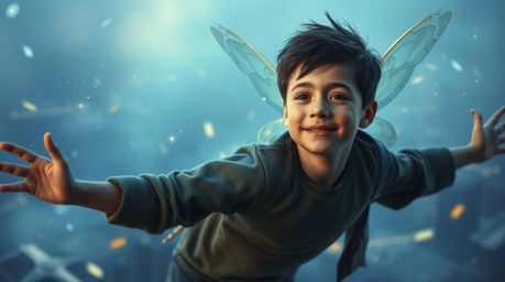 A young boy with a serene expression soars above London, carried by magical pixie dust. The scene is bathed in a hazy, soft l