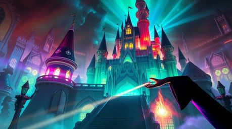 A classic Disney villain unleashes a powerful spell within a breathtaking, futuristic castle awash in vibrant bioluminescent 