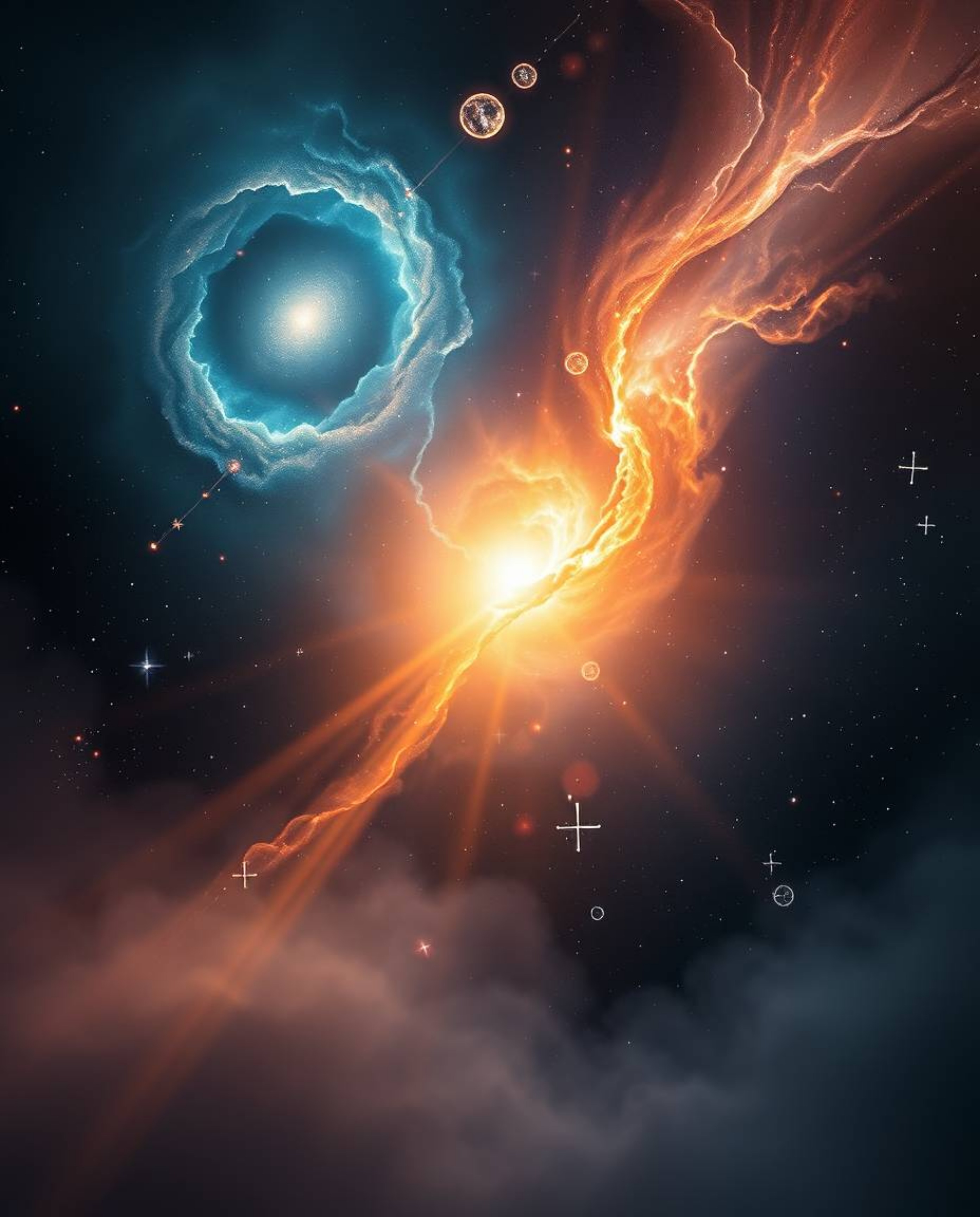 Witness the breathtaking spectacle of colliding galaxies, bathed in soft light and diffused shadows. This captivating image c