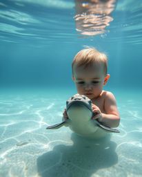 This high-resolution stock photo captures a heartwarming scene of a sea creature befriending a human child in a natural envir