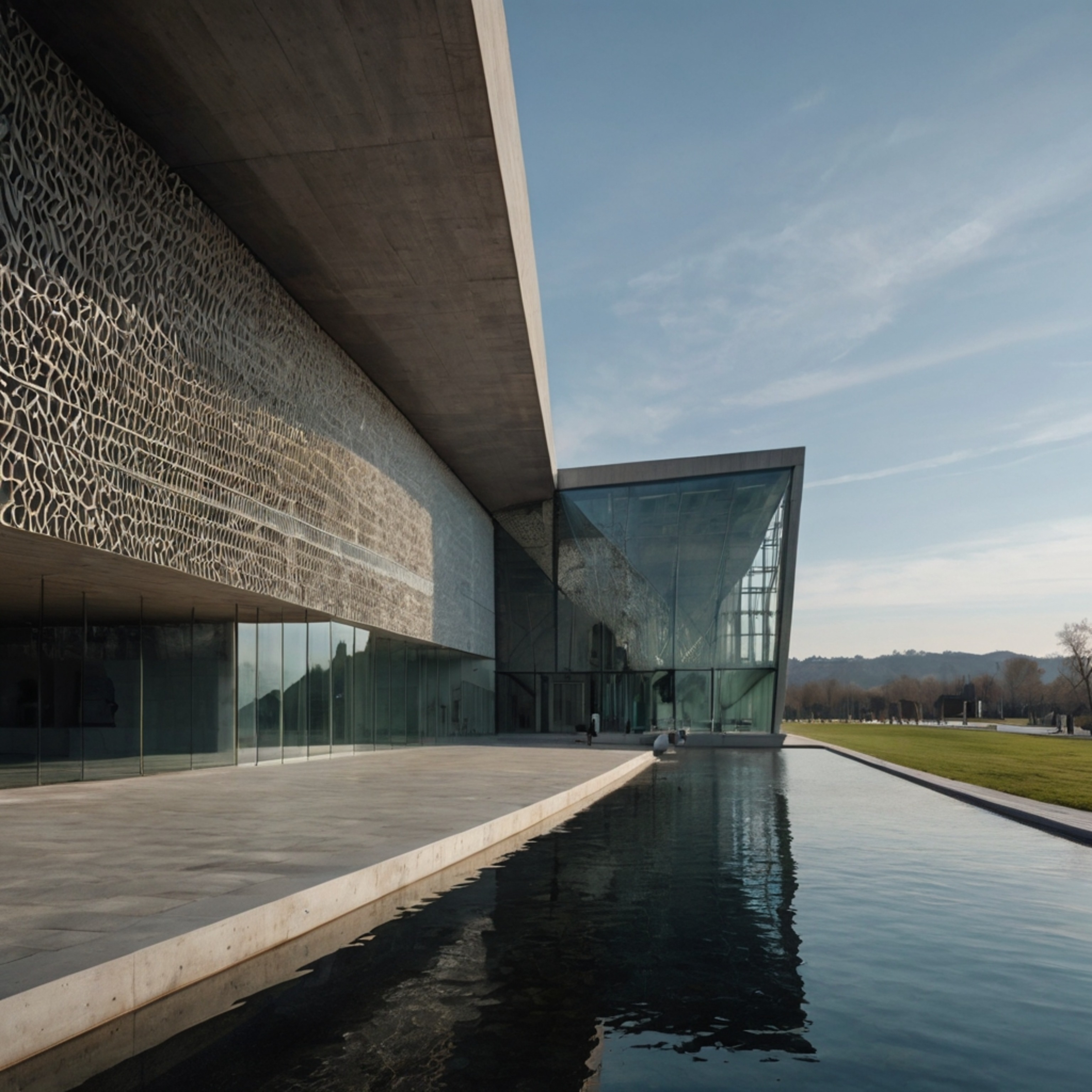 Explore a modern architecture museum showcasing clean lines and a minimalist aesthetic. The museum features wide glass window