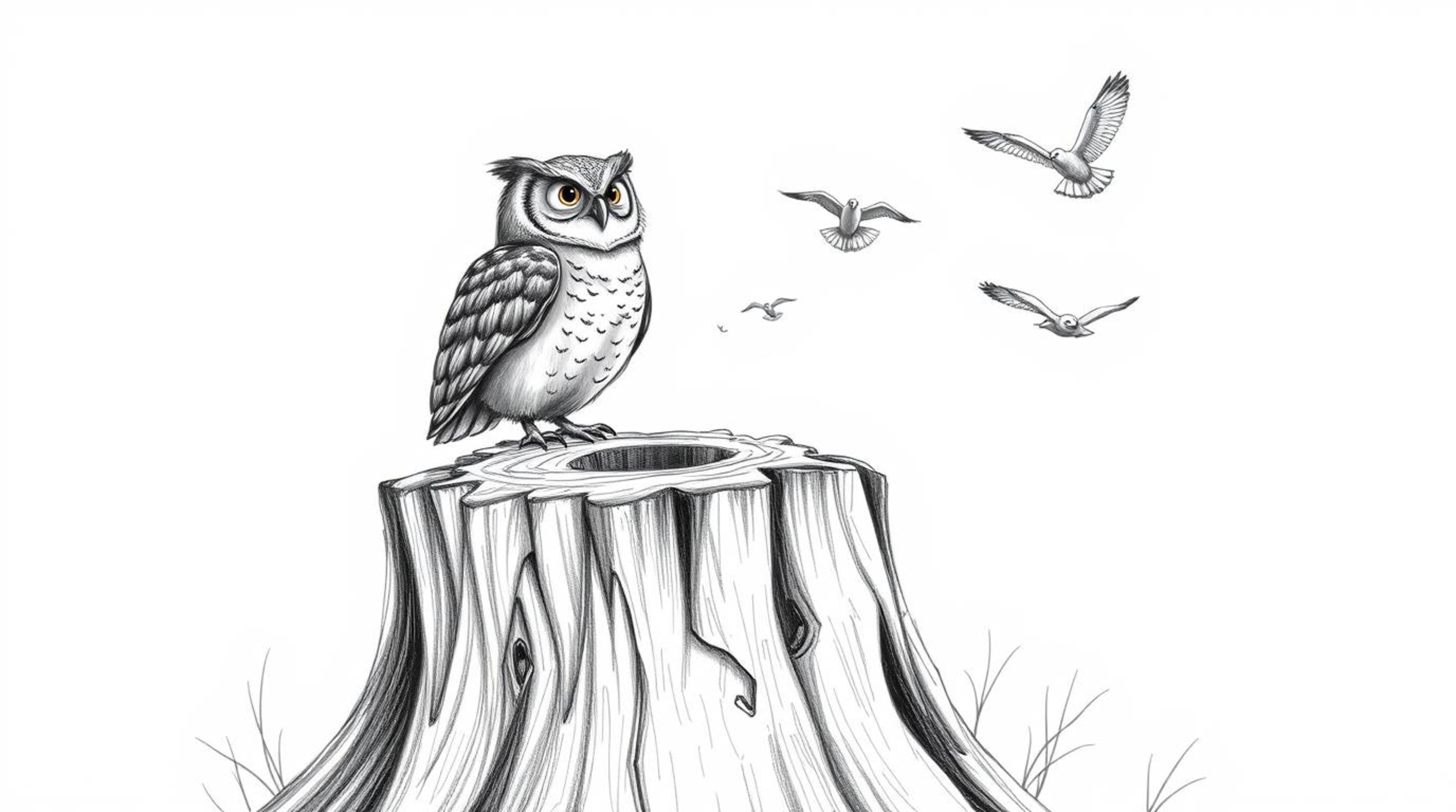 A heartwarming scene depicts a blind owl perched on a rustic tree stump, joyfully observing birds in flight. Rendered in a te