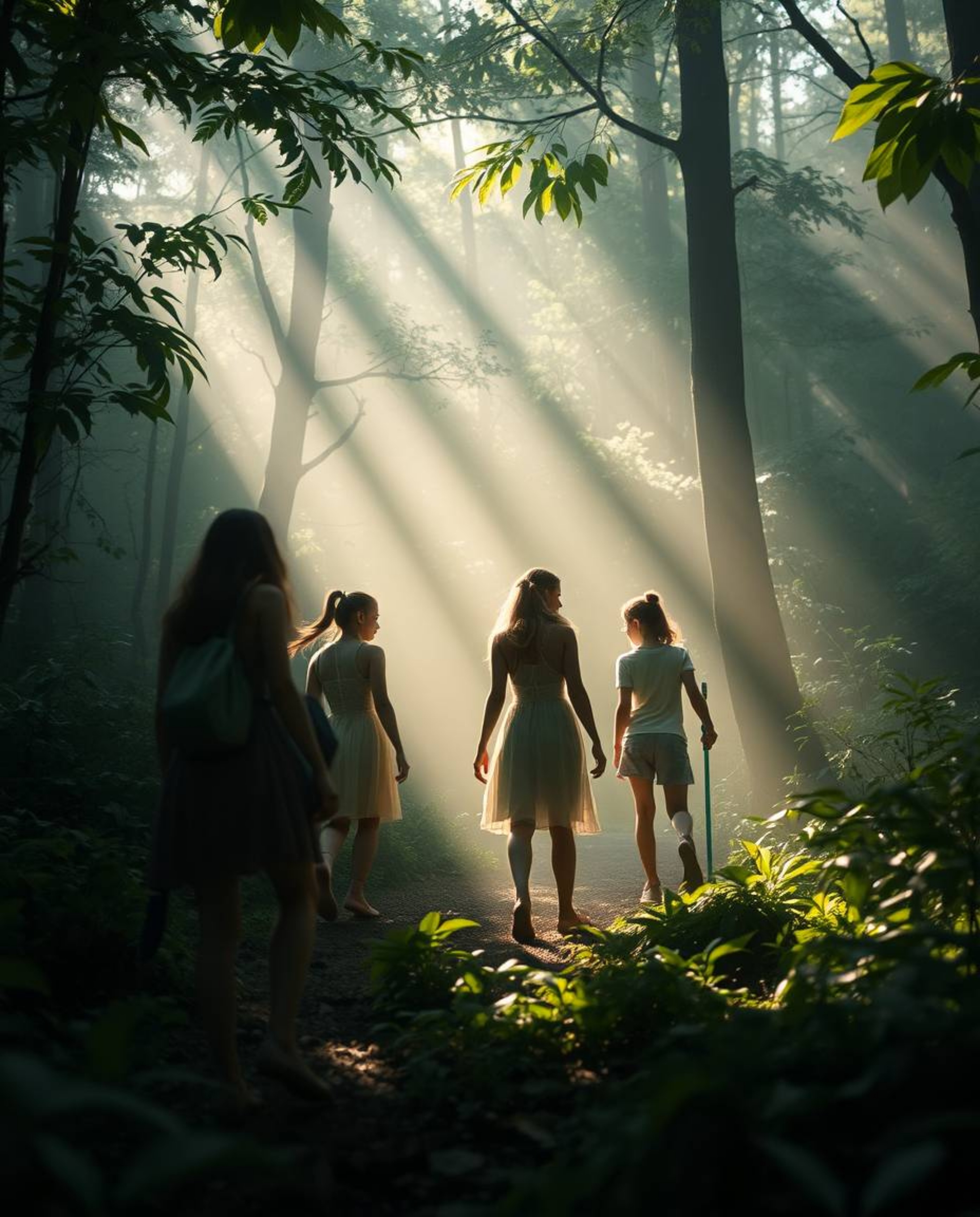 A captivating scene unfolds: a group of friends, each possessing unique powers, embarks on an exploration of a vibrant, lush 
