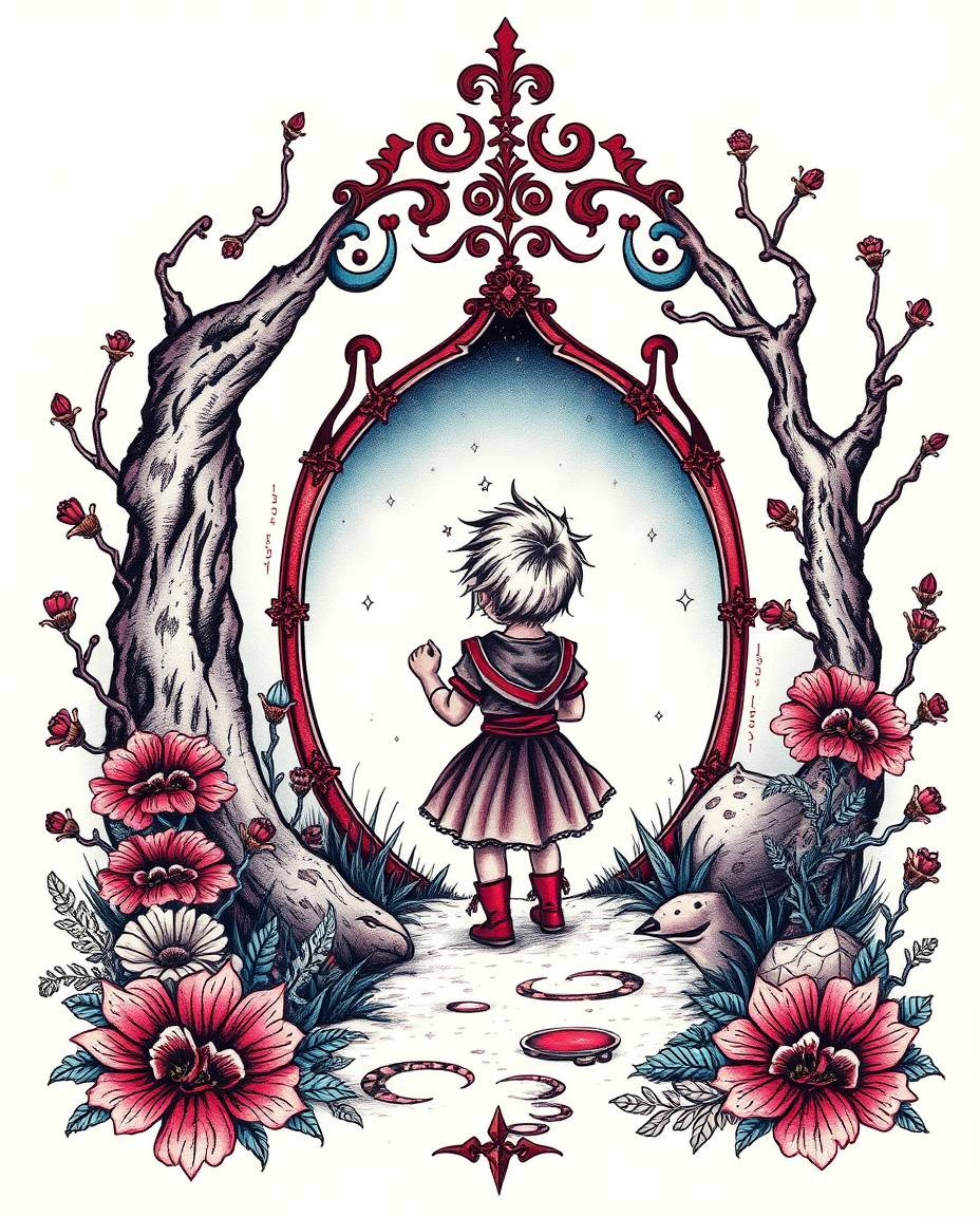 A sophisticated and elegant tattoo art print depicts a child's whimsical discovery of a magical portal in their backyard.  Ri