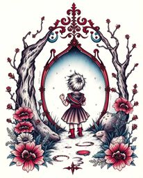 A sophisticated and elegant tattoo art print depicts a child's whimsical discovery of a magical portal in their backyard. Ri