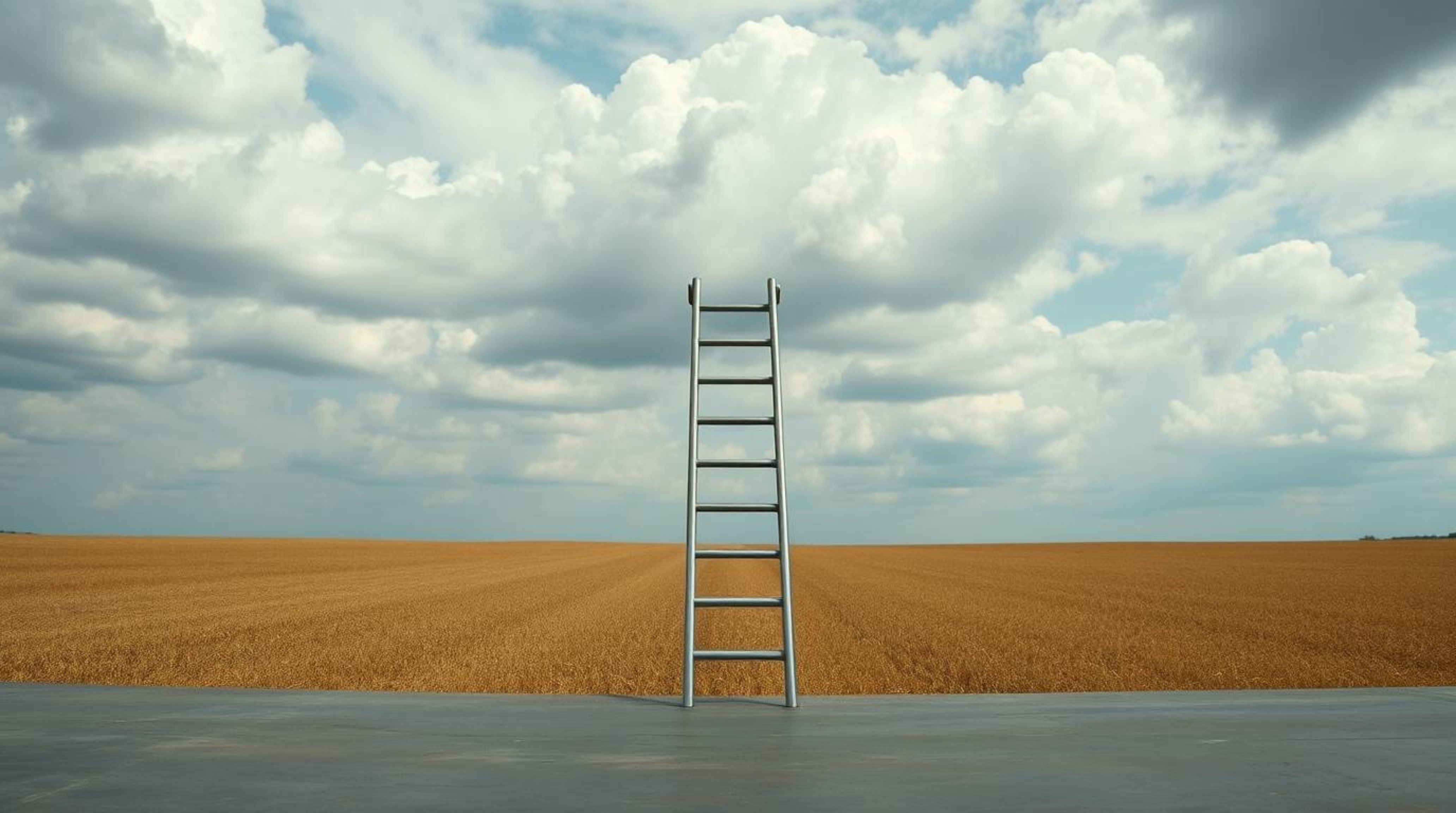 A minimalist scene featuring a silver ladder standing in an open field beneath a vast cloudy sky.  The ladder, rendered with 
