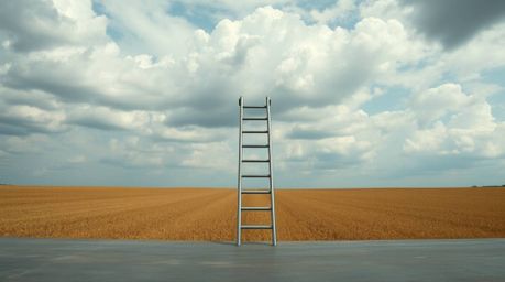 A minimalist scene featuring a silver ladder standing in an open field beneath a vast cloudy sky.  The ladder, rendered with 