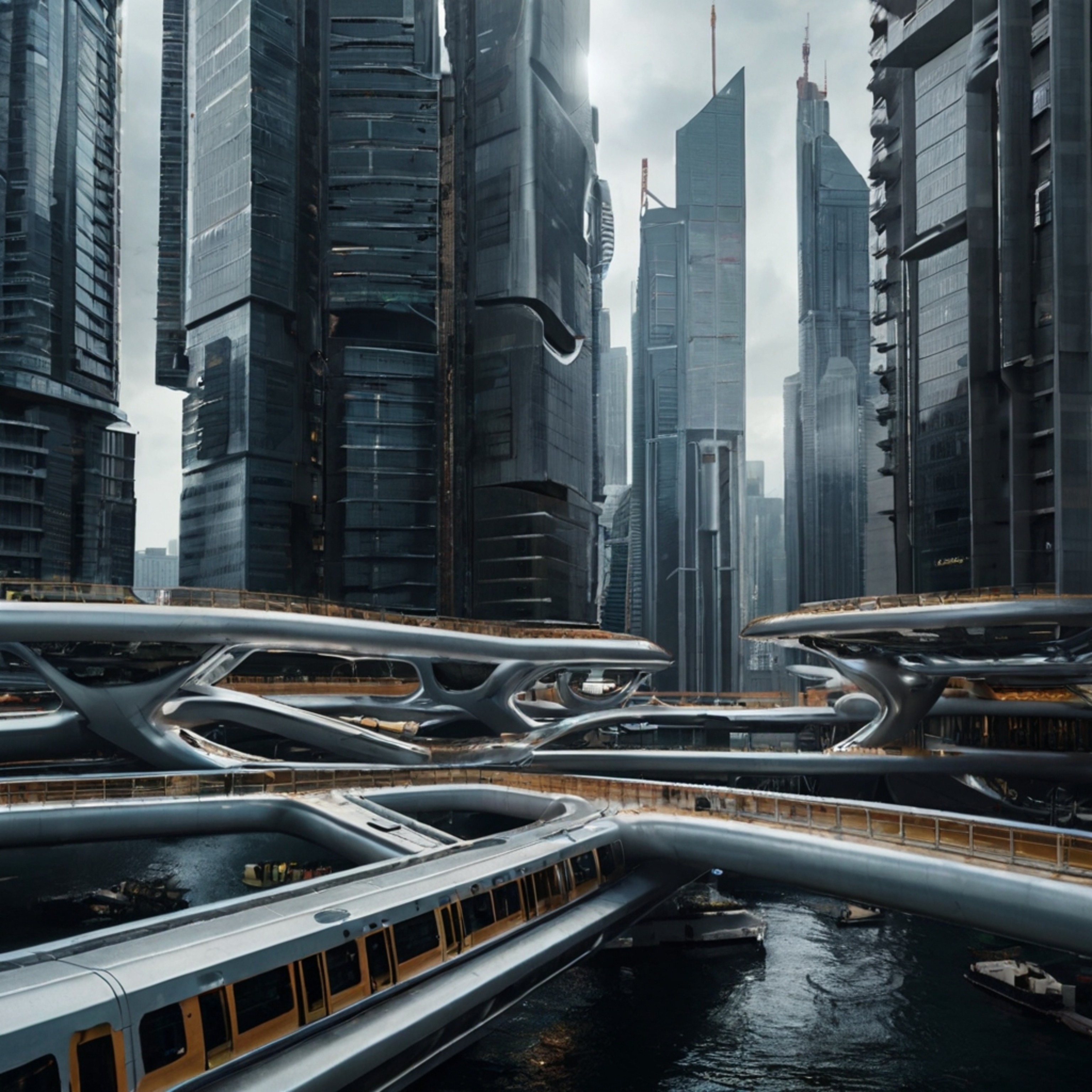 Imagine a breathtaking futuristic city where sleek skyscrapers pierce the clouds, interconnected by a network of floating pla