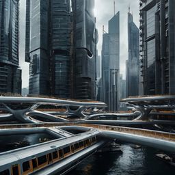 Imagine a breathtaking futuristic city where sleek skyscrapers pierce the clouds, interconnected by a network of floating pla