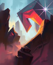 Explore a dynamic digital sketch of glitched geometric shapes adrift in a vast cyberspace. Rich textures, complementary epic 
