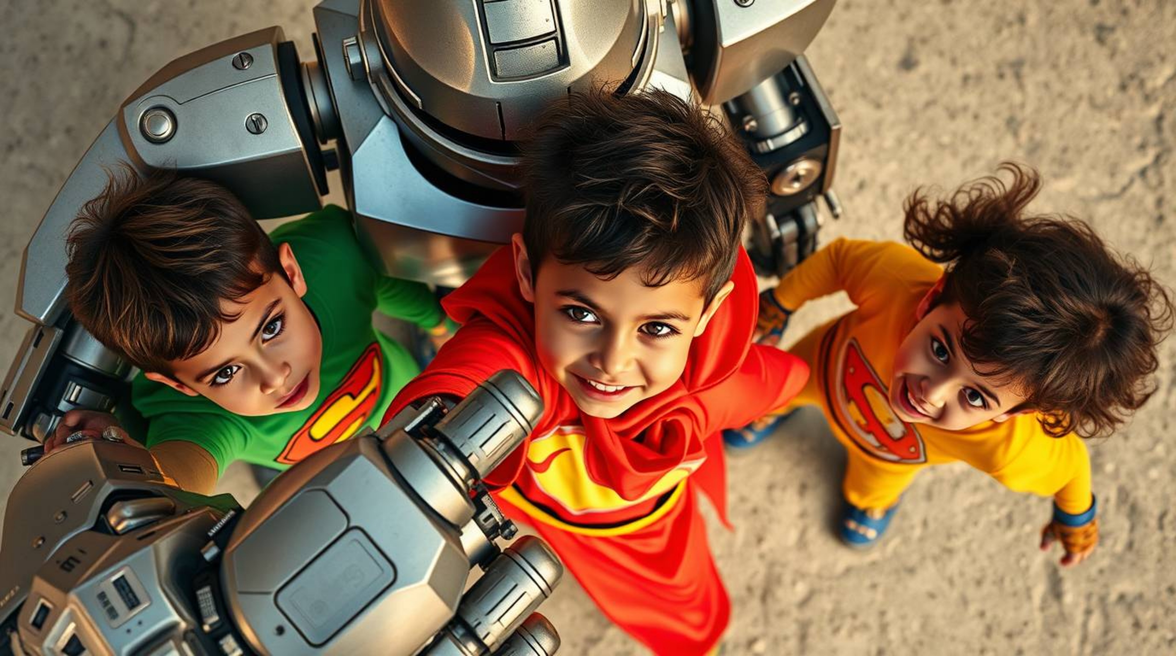 A captivating high-resolution stock photo depicts three uniquely costumed superpowered children battling a metallic robot fro